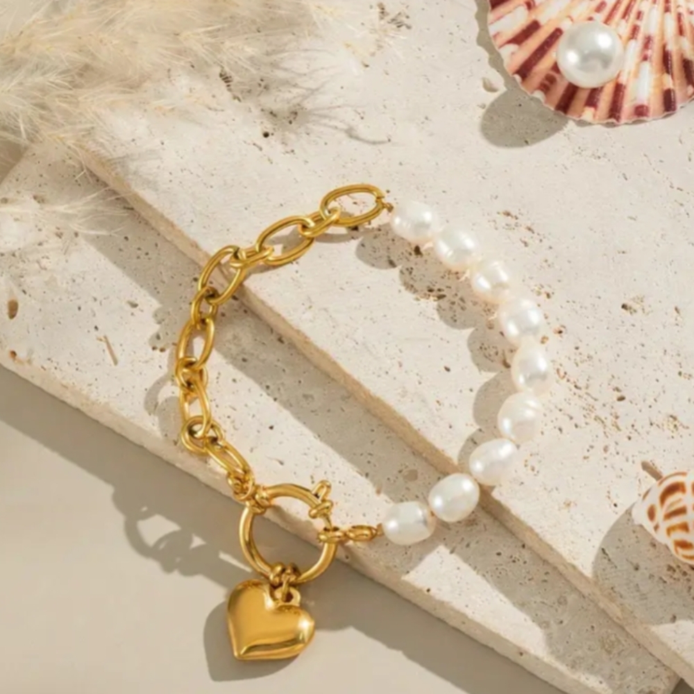 Gold and Pearl Heart Charm Bracelet
